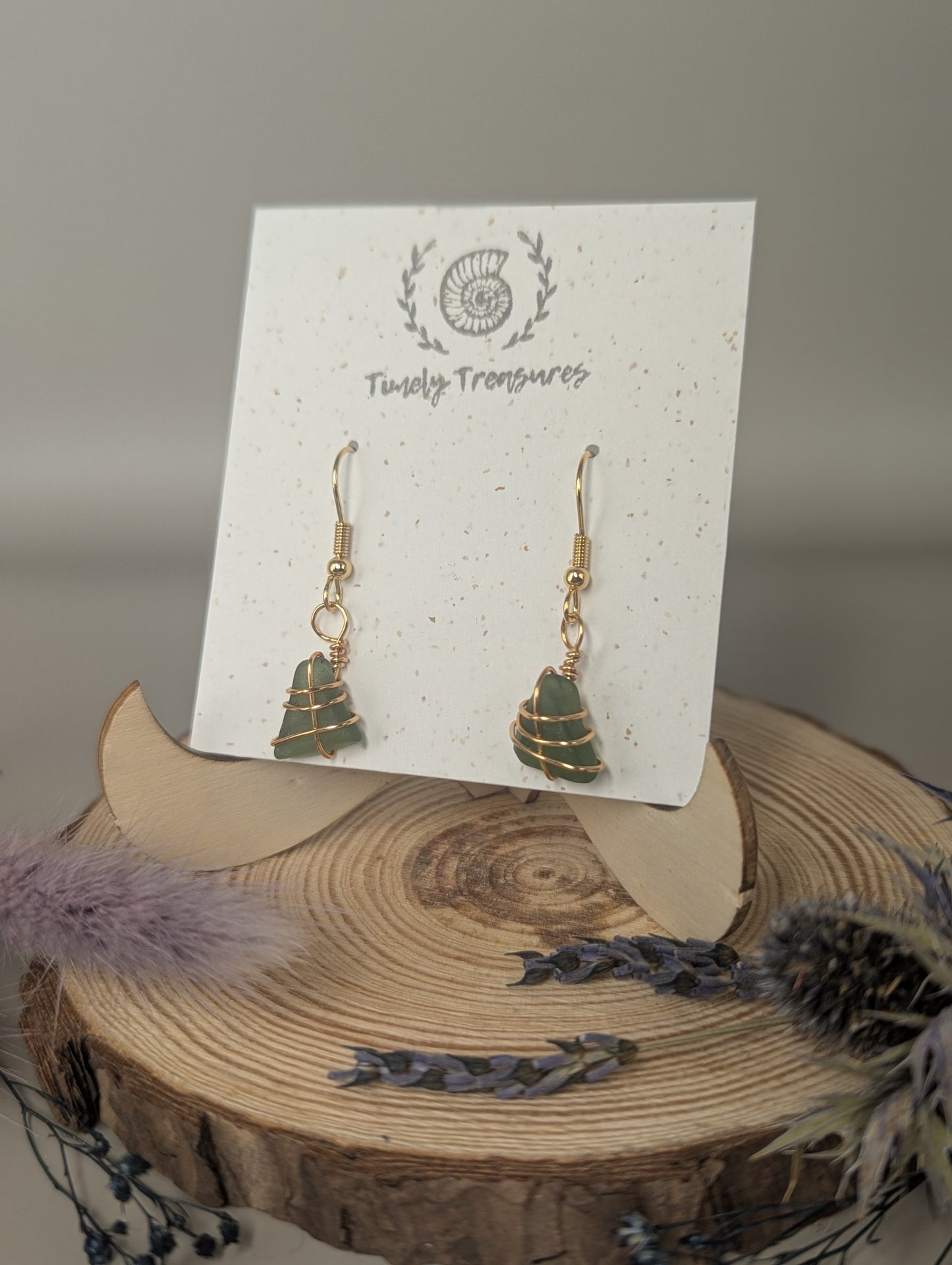 Gold Wire-Wrapped Sea Glass Drop Earrings by Timely Treasures