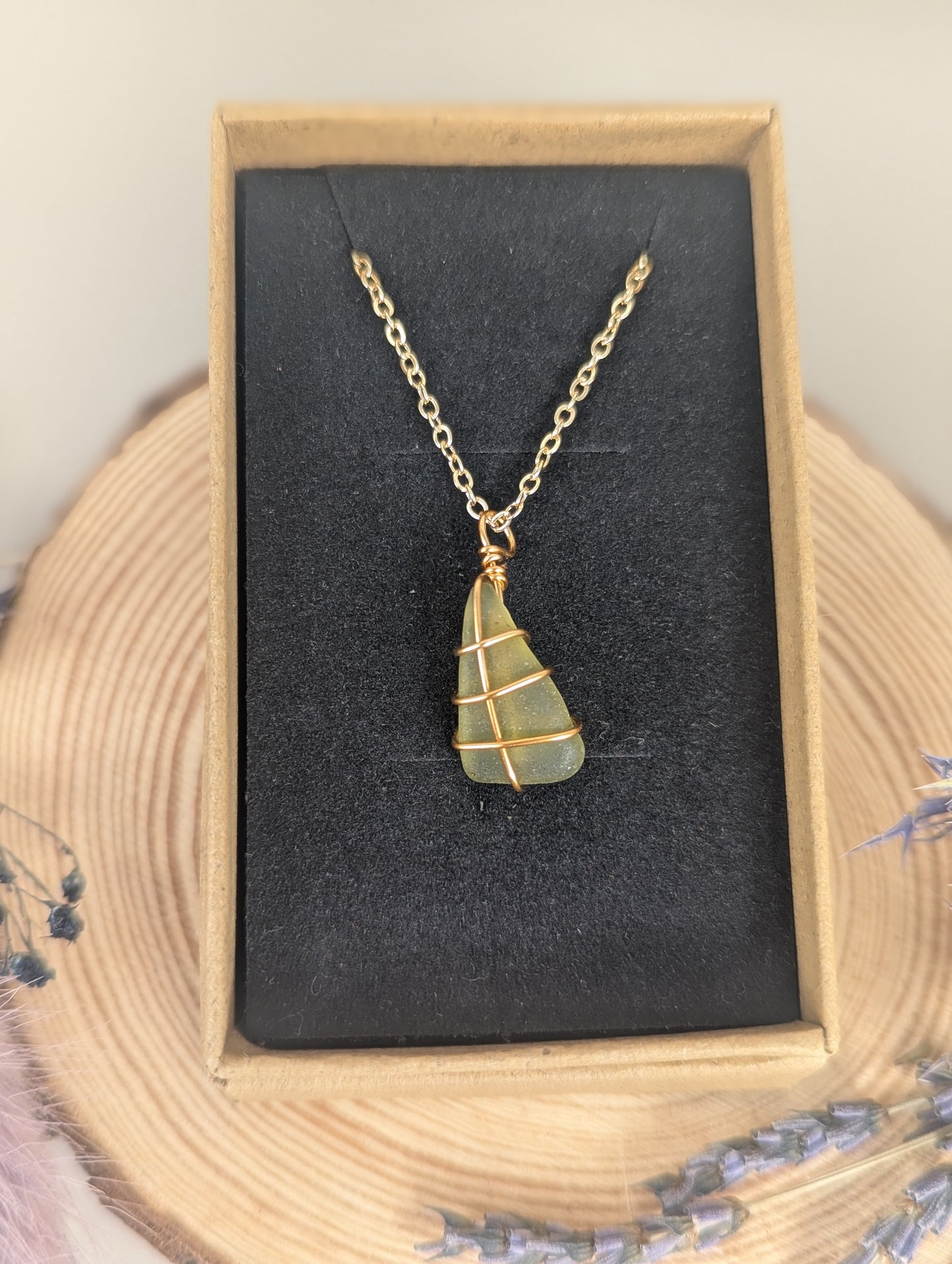 Gold Wire-wrapped Sea Glass Necklace by Timely Treasures