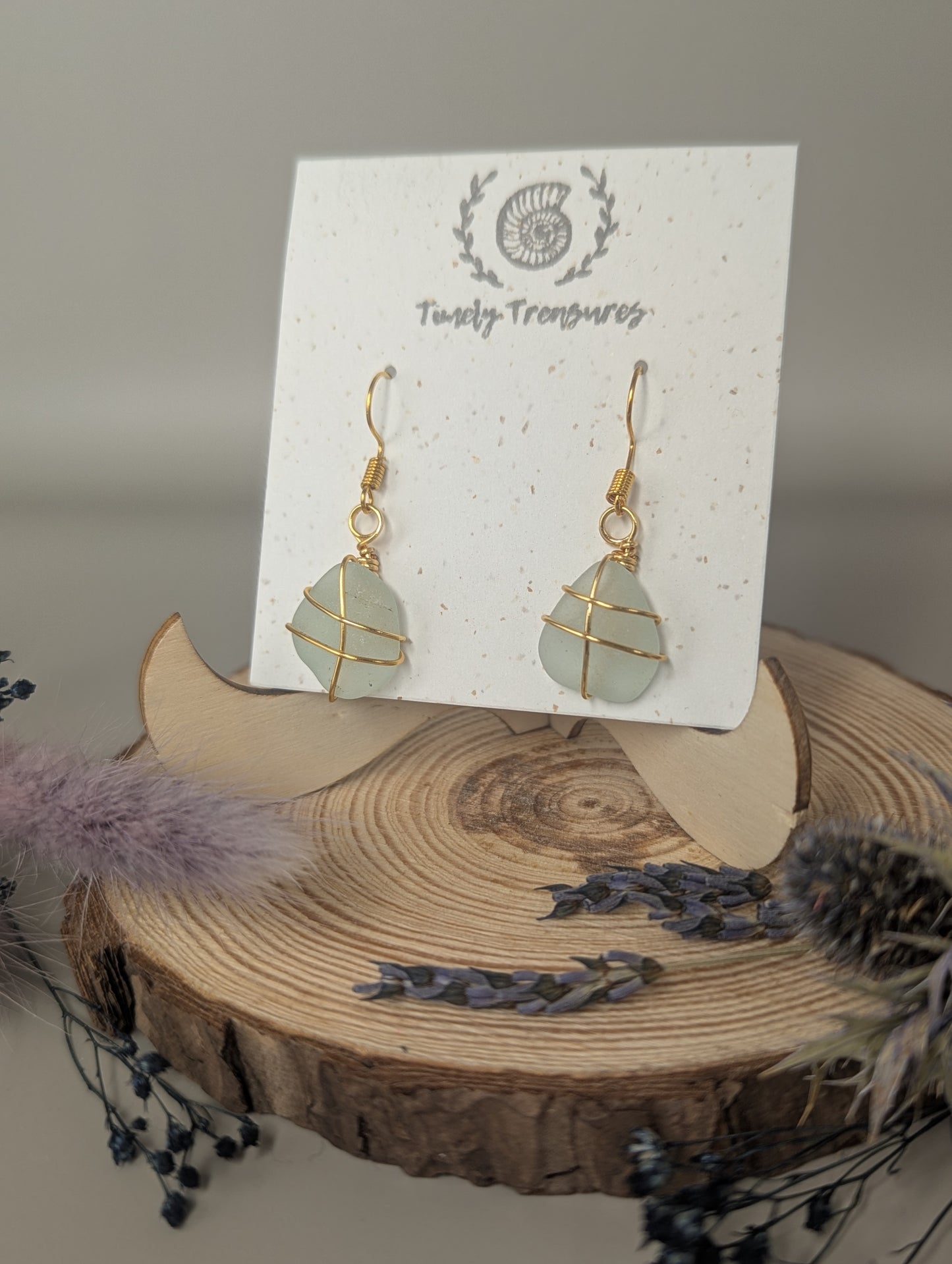 Gold Wire-Wrapped Sea Glass Drop Earrings by Timely Treasures