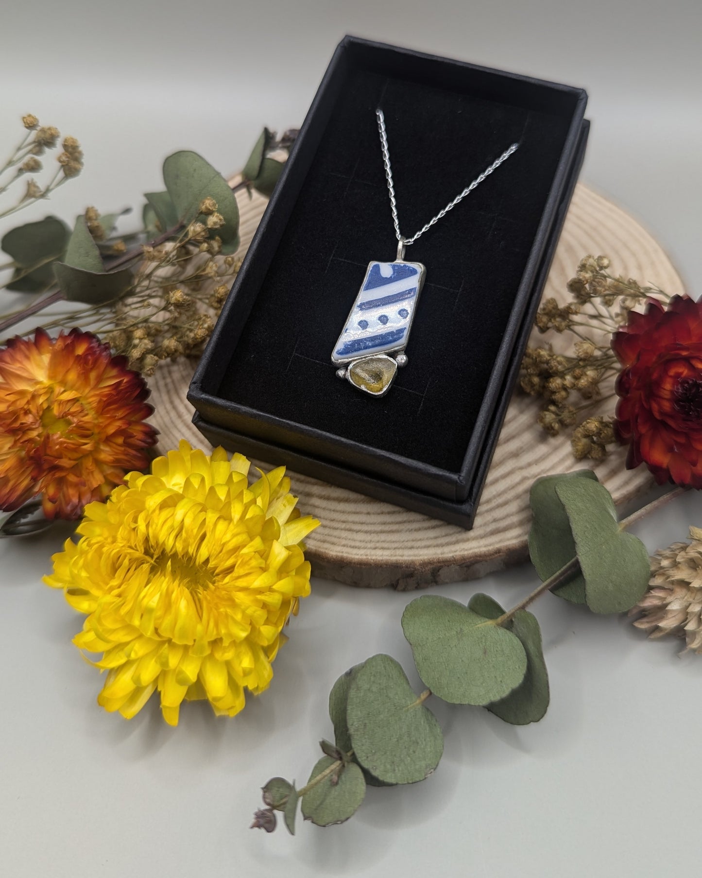 Sea Pottery and Sea Glass Silver Necklace